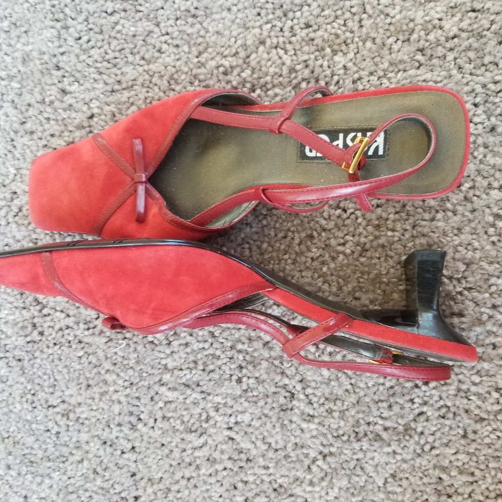 Red Leather Kasper Mules w/strap and Kitten Heels
